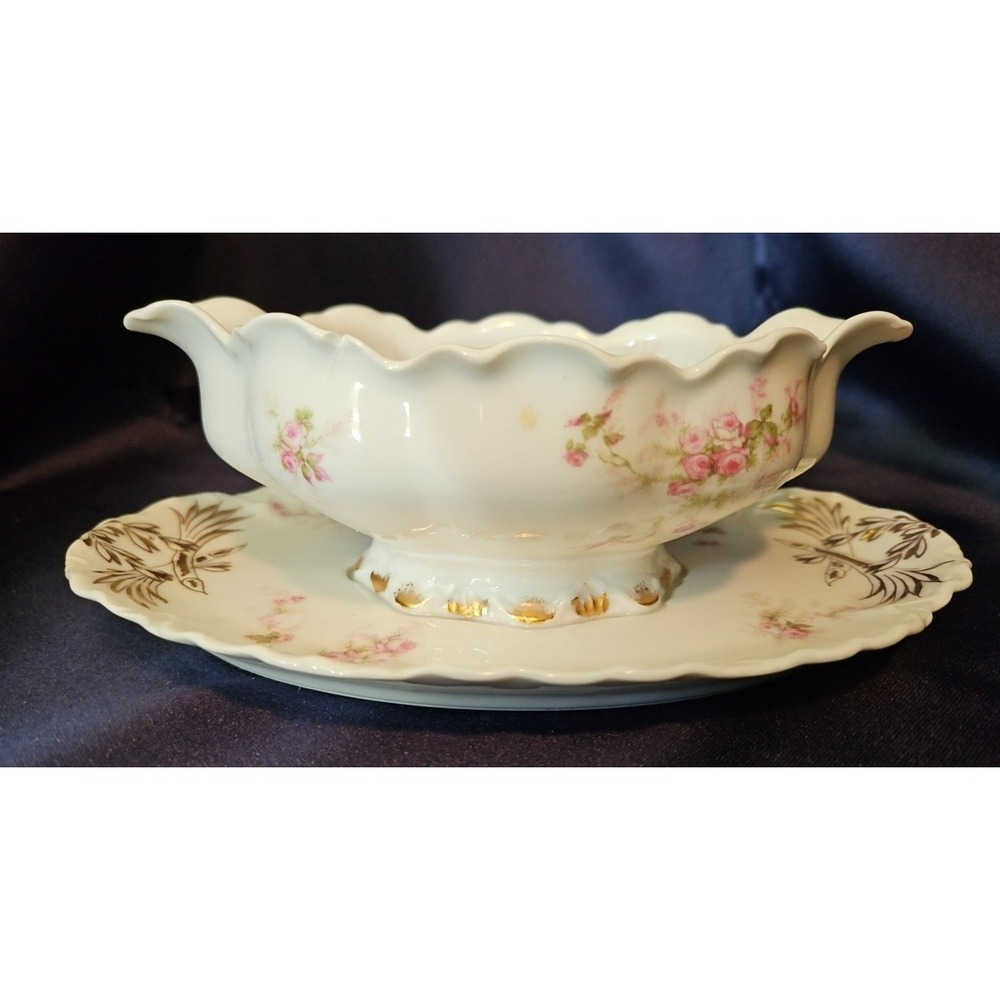 Haviland Limoge France‎  Gravy With Attached Under Plate w/Gold and Pink Roses